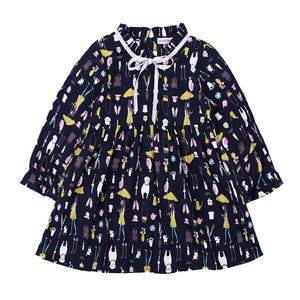 Bow Print Long Sleeve Princess Dress