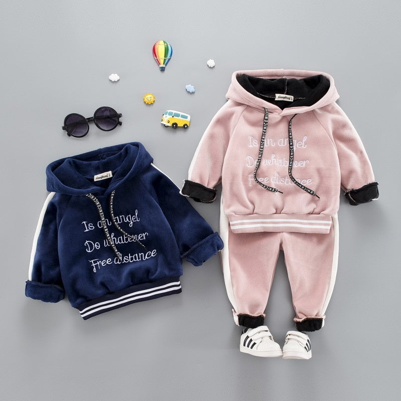 Kids Casual Hooded Velvet Suit