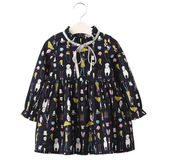 Bow Print Long Sleeve Princess Dress