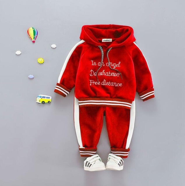 Kids Casual Hooded Velvet Suit